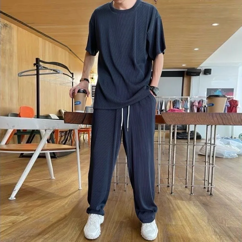 대형 사이즈 아이스 실크 스포츠 슈트 남성 여름 얇은 캐주얼 긴 바지 반팔 티셔츠 속건 의류 세트 폴리에스터 스판덱스