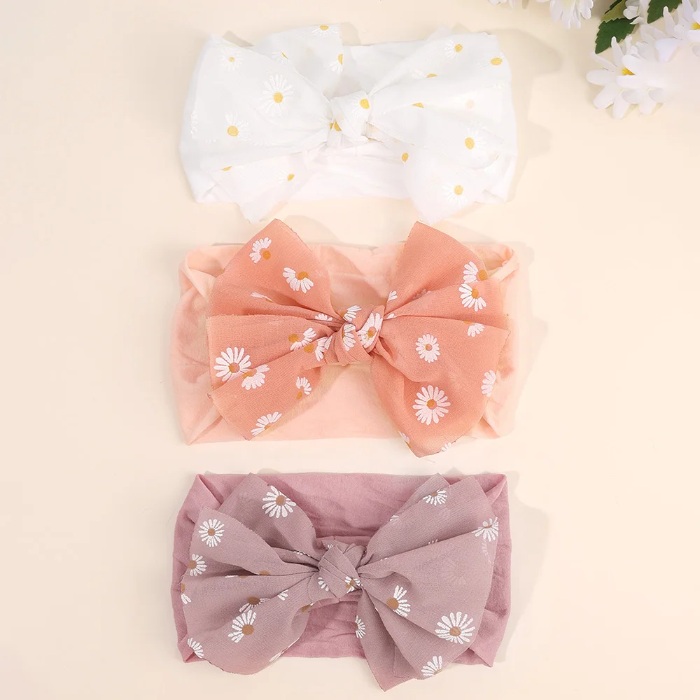 3Pcs Baby Wide Elastic Headband Infant Large Bow Head Band Flower Print Soft Stretchy Wide Hairband For Toddler Hair Accessories