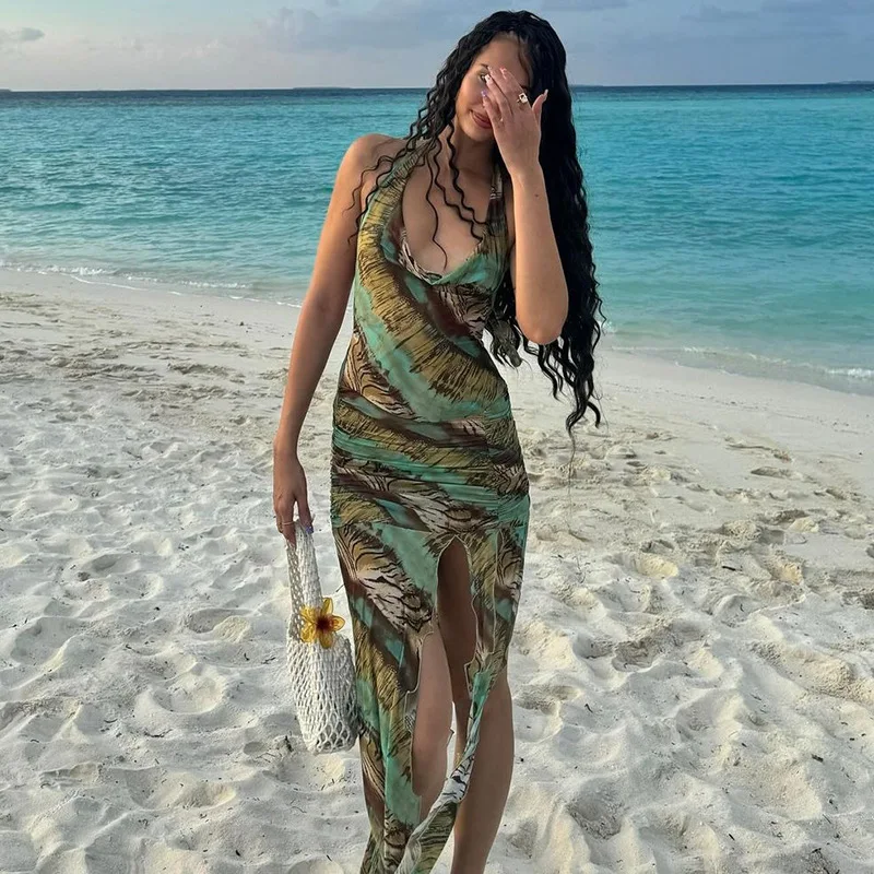 

SsTss 2024 Summer New Chic Printed Halter Dress Women Fashion Sleeveless Backless Slim High Split Holiday Party Beach Maxi Dress