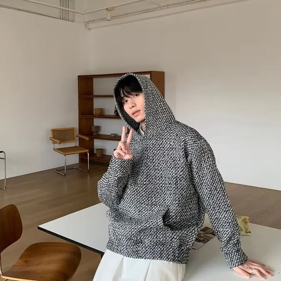 Autumn/winter Tweed Style Loose-fit Hooded Plaid Sweatshirt For Couples Casual Pullover Long Sleeve Trendy Heavy Duty Versatile