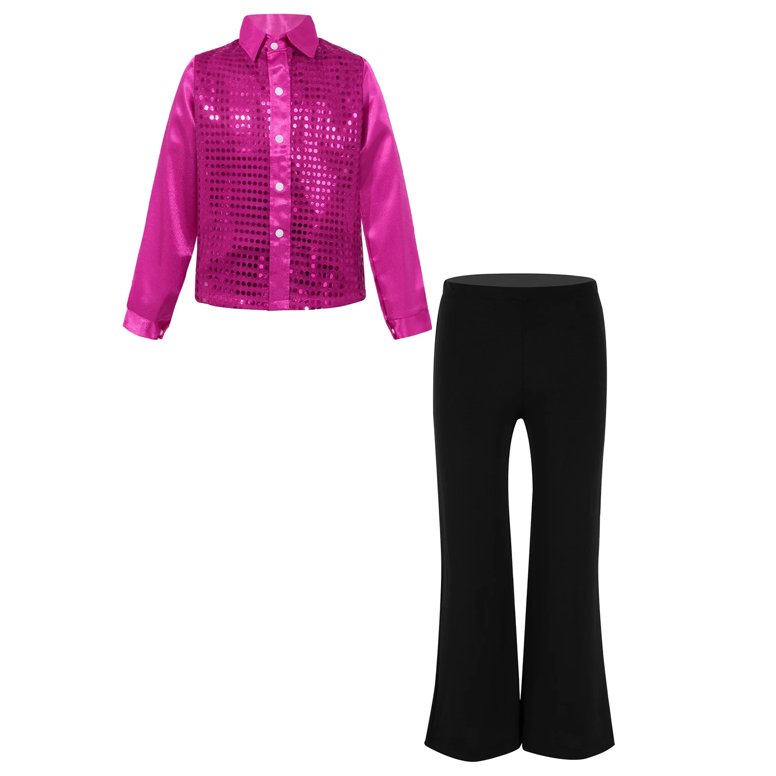 Kinder-Jungen-Jazz-Tanz-Bühnenoutfits, Hip-Hop-Kostüm, langärmliges, glitzerndes Paillettenhemd mit Knöpfen und Hose – Detail 19