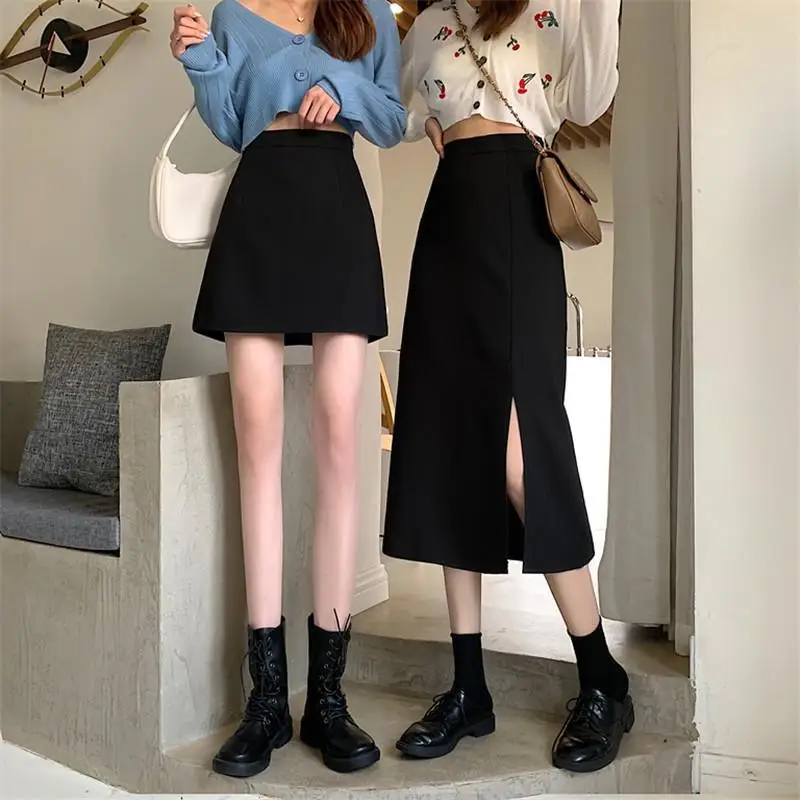 

Black Skirts Women Mid-calf College A-line High Waist Korean Style OL All-match Friends Streetwear Chic Female Bottom