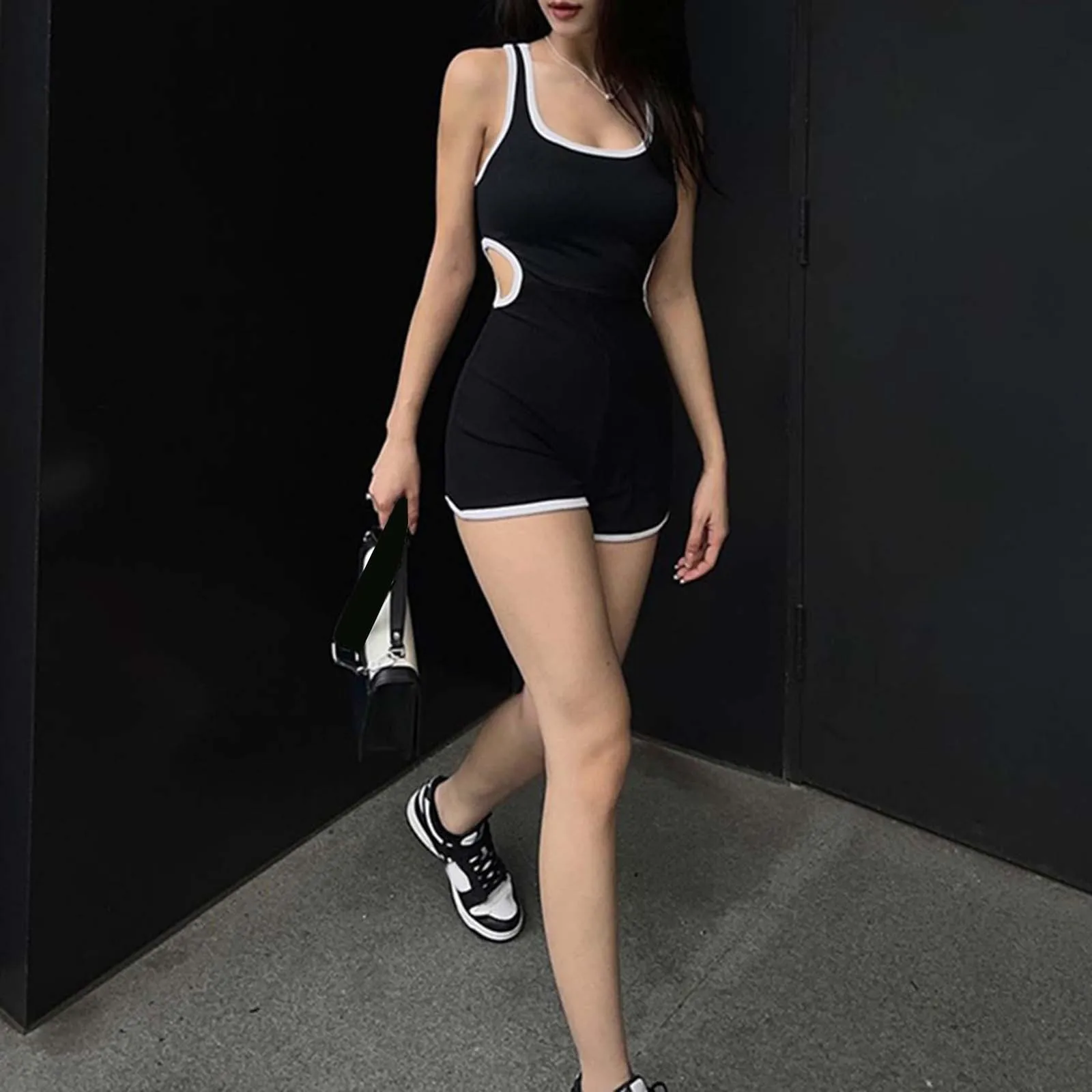 

Low-Cut Sexy Sleeveless Playsuits Women Spring Summer Rompers Cut Out Waist Hollow Lim Fit Solid U-Neck Tank Skinny Jumpsuits