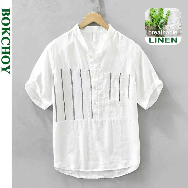 

Summer New Striped Casual Shirt for Men Clothing Breathable Pure Linen Short Sleeve Streetwear C3706