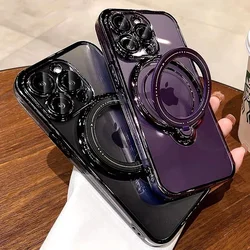 Magnetic Transparent Ring Case For Wireless charge Magsafe For iPhone 15 14 13 12 11 Pro Max XR XS 8 7 Plus SE 2022 Lens Cover