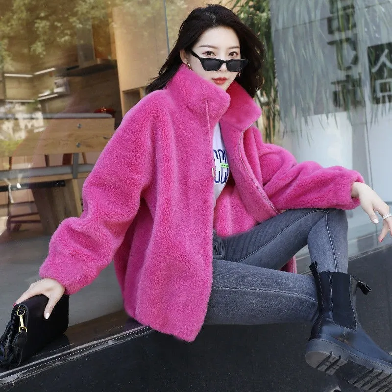 Women Winter Double Coral Fleece Warm Coat Stand Collar Plush Thick Overcoat Female Fashion Casual Long Sleeve Zipper Clothes 3