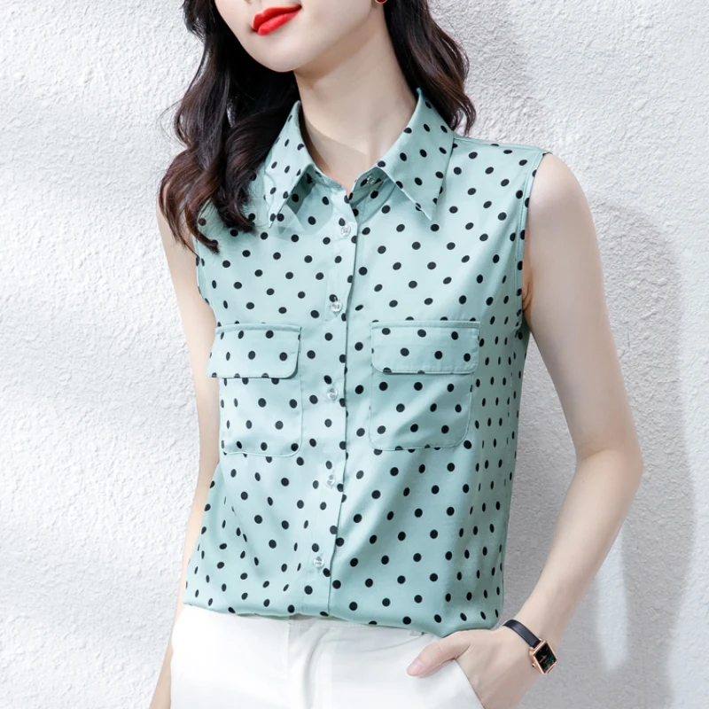 2024 Summer New High End Atmosphere Imitation Silk Fashion Wave Dot Printed Tank Top Cardigan Sleeveless Outer Wear Slim Top women v shaped collar evening dress 2024 spring fashion atmosphere commanding strap sleepines sequins british a line skirt