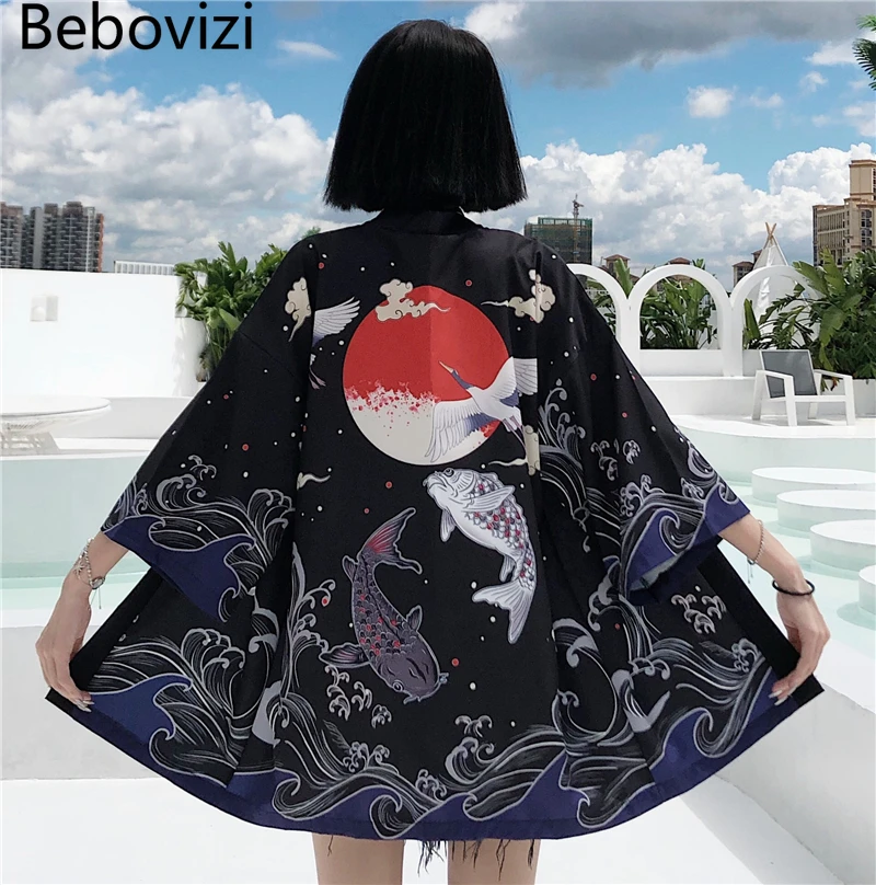Bebovizi Japanese Fish Print Kimono Cardigan Harajuku Traditional Women Cosplay Yukata Female Obi Black Streetwear Haori Beach