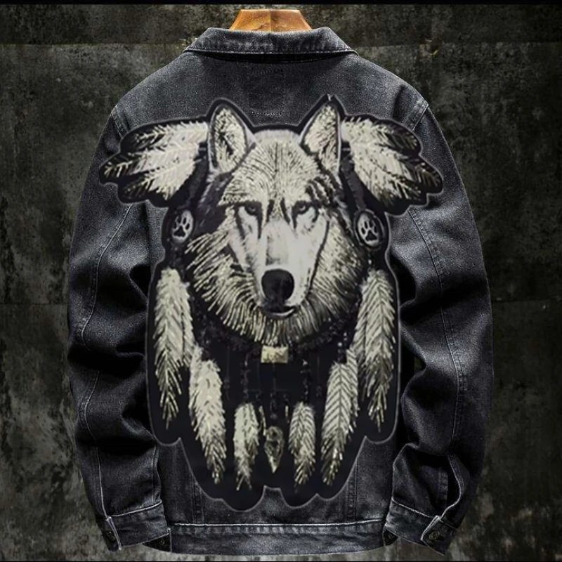 America Vintage Heavy Wolf Embroidered Patch Jeans Jacket Men
