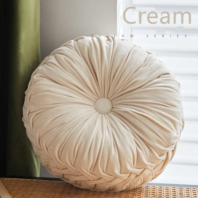 Velvet Pleated Round Throw Pillow - Boho Green Pumpkin Accent Cushion