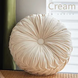 Velvet Pleated Round Throw Pillow - Boho Green Pumpkin Accent Cushion - Round 38cm (Pumpkin cream)