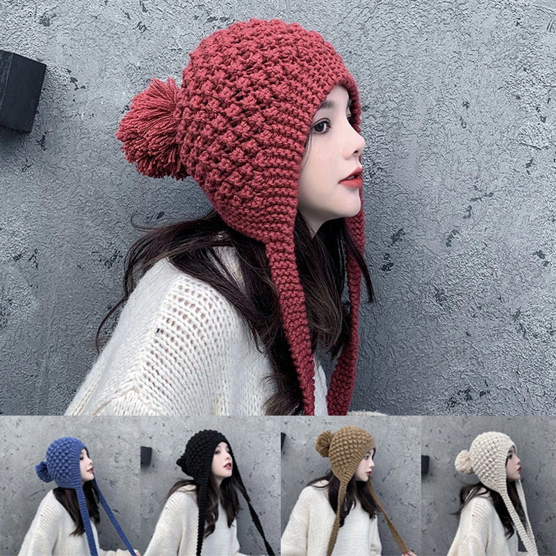 

2024 Knitted Hat Female Women Winter Spring New Ear Protection Retro Solid Color Warmth Trend Cold Prevention Wool Cap Hairball