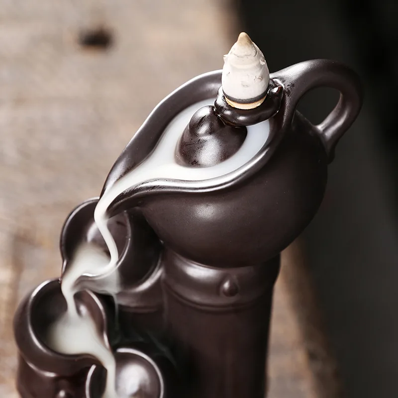Teapot and Bamboo Waterfall Incense Burner Incense Stick Holder Censer Purple Clay Aroma Smoke Backflow Home Decor -no Incense