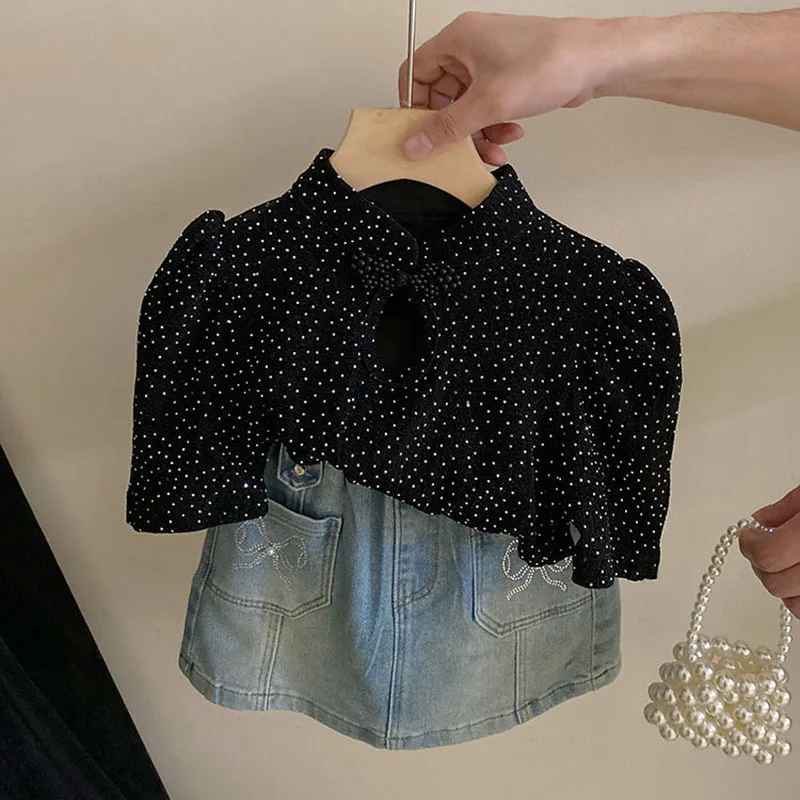

Kids Boutique Clothes New Chinese Style 2024 New Design Top Versatile Bow Denim Short Skirt Set Fashion Toddler Baby