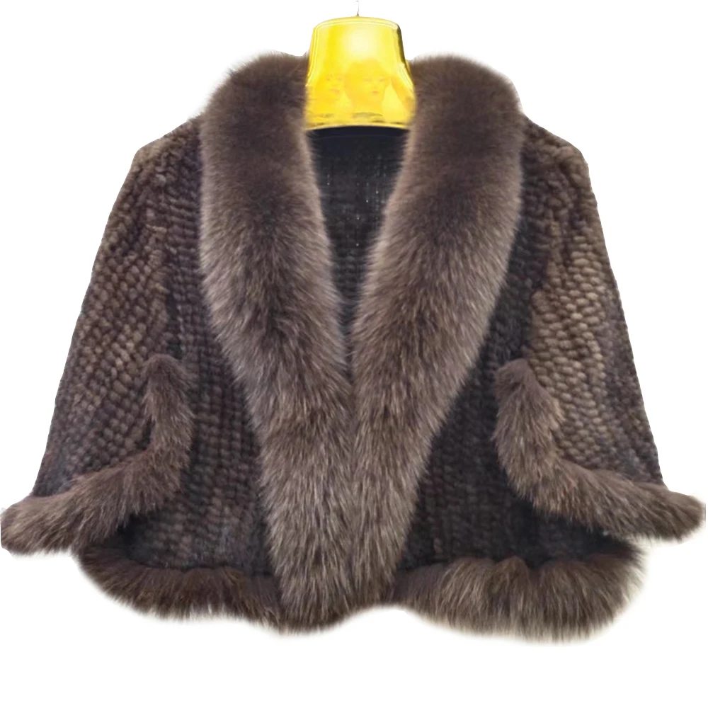 

Winter Women Real Mink Fur Coat Knitted 100% Natural Genuine Mink Fur Shawl With Fox Fur Collar Fashion Ladies Cardigan Fur Cape