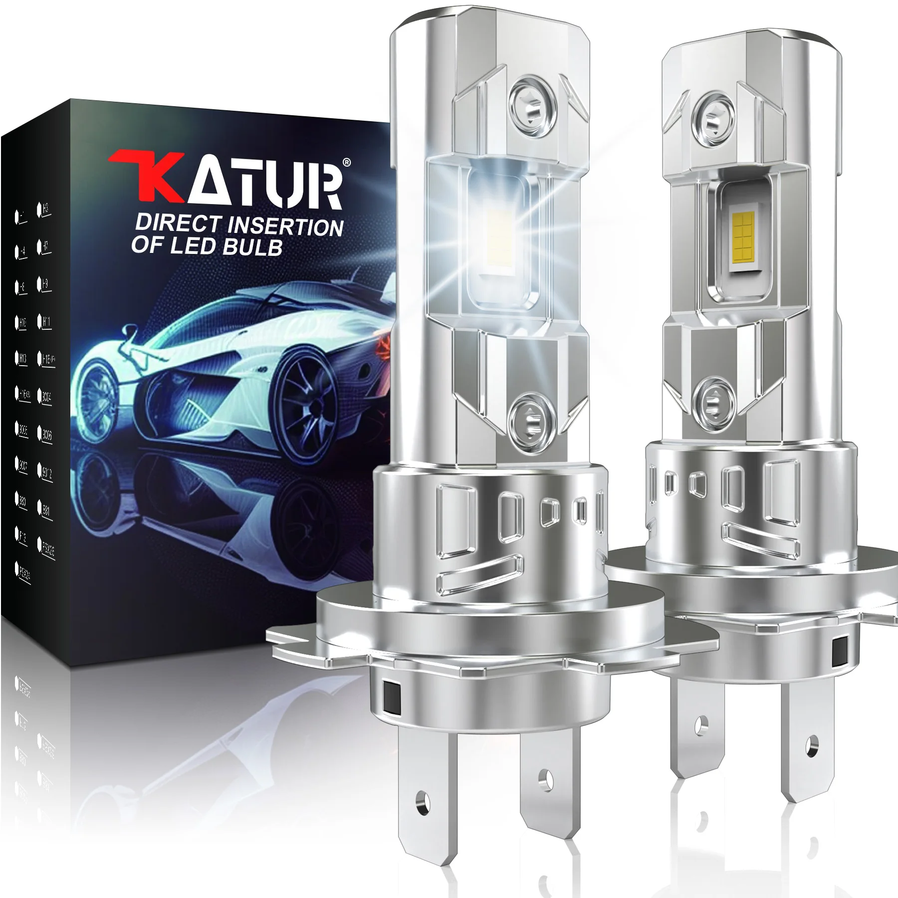 Katur 2Pcs H7 LED Headlight Bulbs Mini Size Fanless Wireless for Car Headlight CSP LED H7 Auto Diode Lamp 6500K 360° Beam Angle