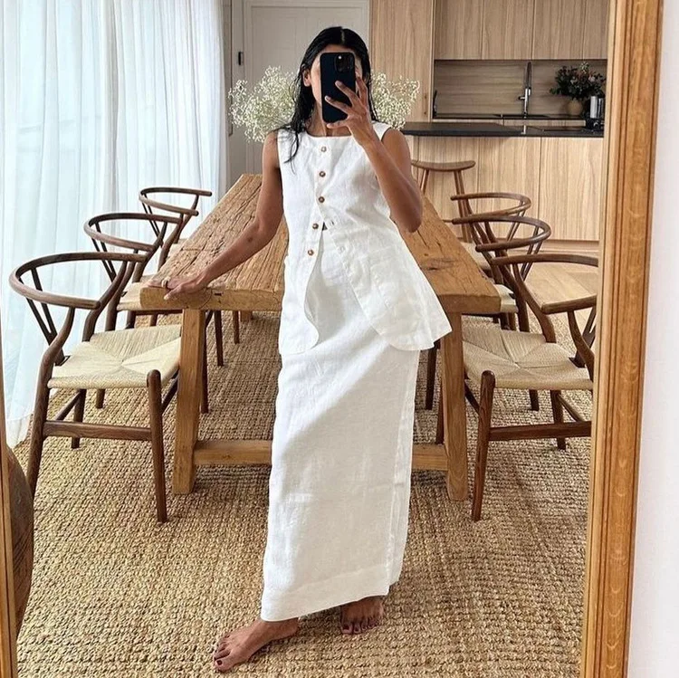 Conjunto de 2 piezas de falda larga blanca de cintura alta para mujer: top ajustado sin mangas y falda larga informal, conjuntos de patchwork para mujer