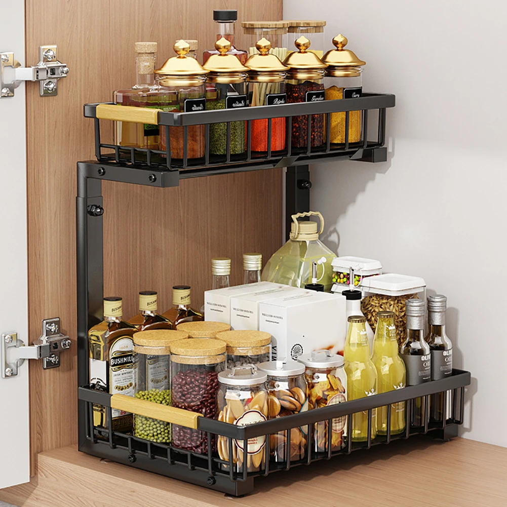 2-stufiger Aufbewahrungsorganisator unter der Spüle, Schiebeschrank, Korb, Aufbewahrungsregal, herausziehbares Schubladenregal für Badezimmer, Küche, Organizer – Detail 9