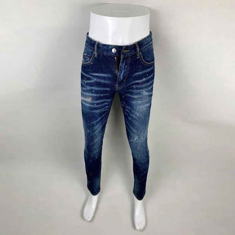 Street Fashion Men Jeans Retro Blue Stretch Skinny Fit Painted Ripped Jeans Men Embroidery Designer Hip Hop Brand Pants Hombre