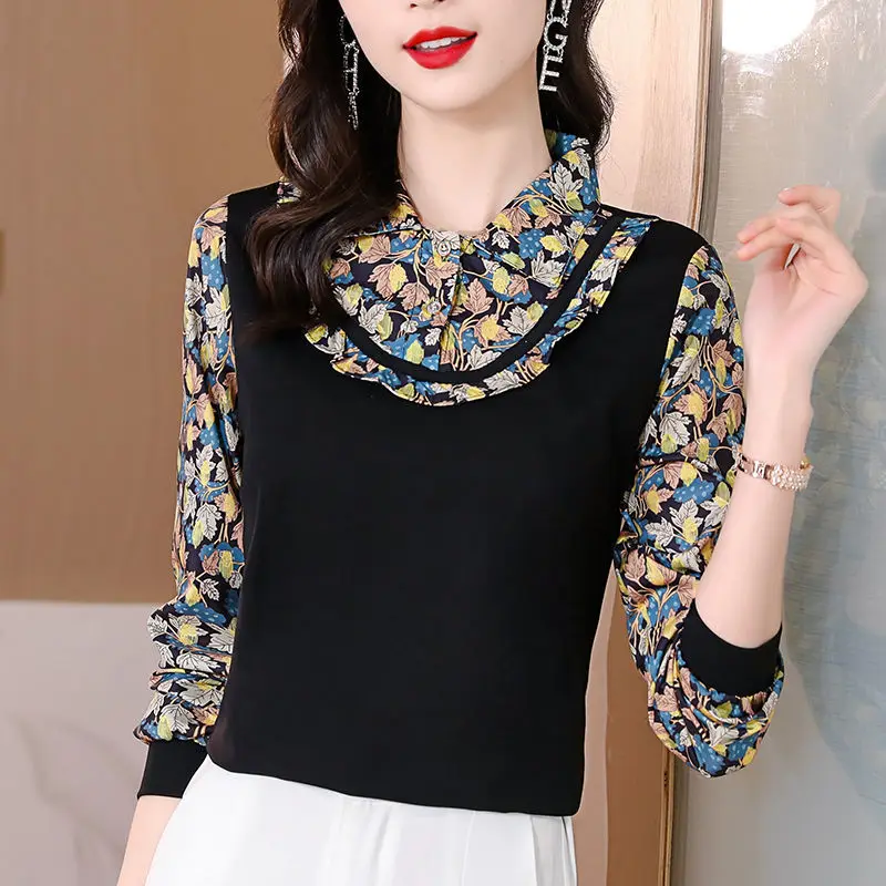 Vintage Printed Spliced Ruffles Fake Two Pieces Floral Blouse Women Clothing 2022 Autumn New Casual Tops Loose Office Lady Shirt fashion v neck spliced fake two piece blouse women s clothing 2023 autumn new casual pullovers all match office lady shirt