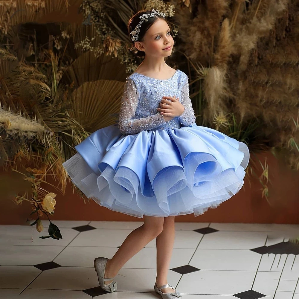 

Cute Scoop Long Sleeves Blue Little Girl's Party Dresses Glitter Sequin Short Flower Girl Dress A Line Yellow Pageant Prom Gowns