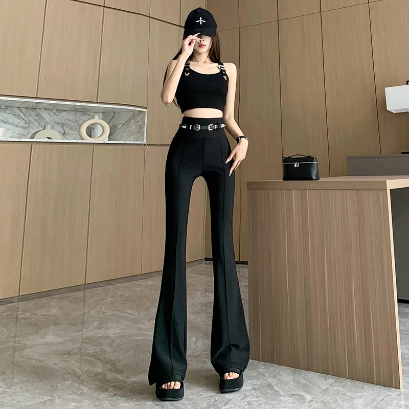 Black Flare Pants Women 2024 Spring Summer Fashion High Waist Trousers with Belt Sexy Slim Elastic Casual Long Pants Y2k Clothes