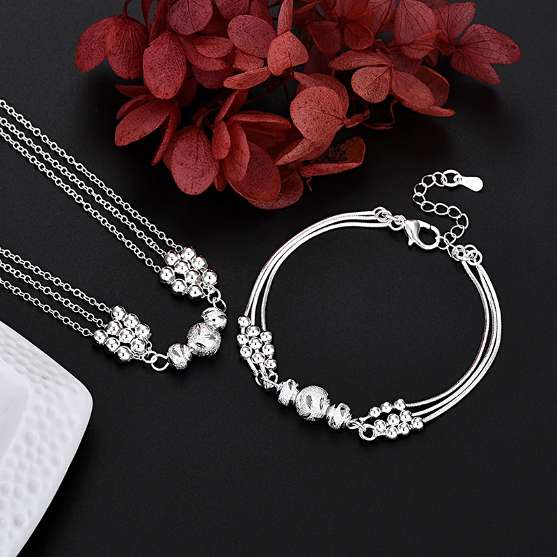 

JewelryTop Fine 925 Sterling Silver Charm Beads Necklace Bracelet Jewelry for Women Men Chain Set Wedding Gift