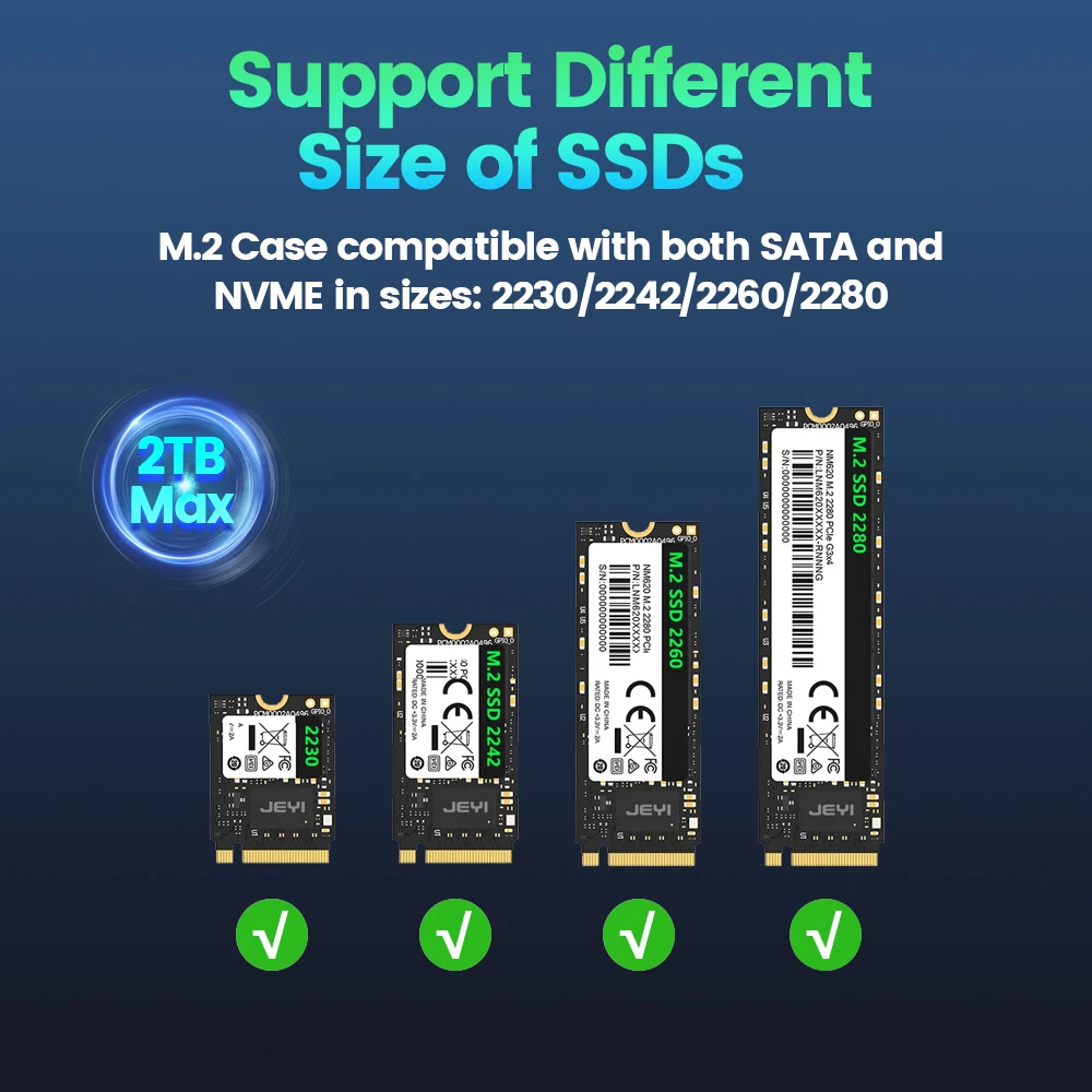 JEYI M.2 SSD Enclosure NVMe SATA Dual Protocols SSD Case USB 3.2 10Gbps PCIe Adapter External Enclosure Supports M and B&M Keys