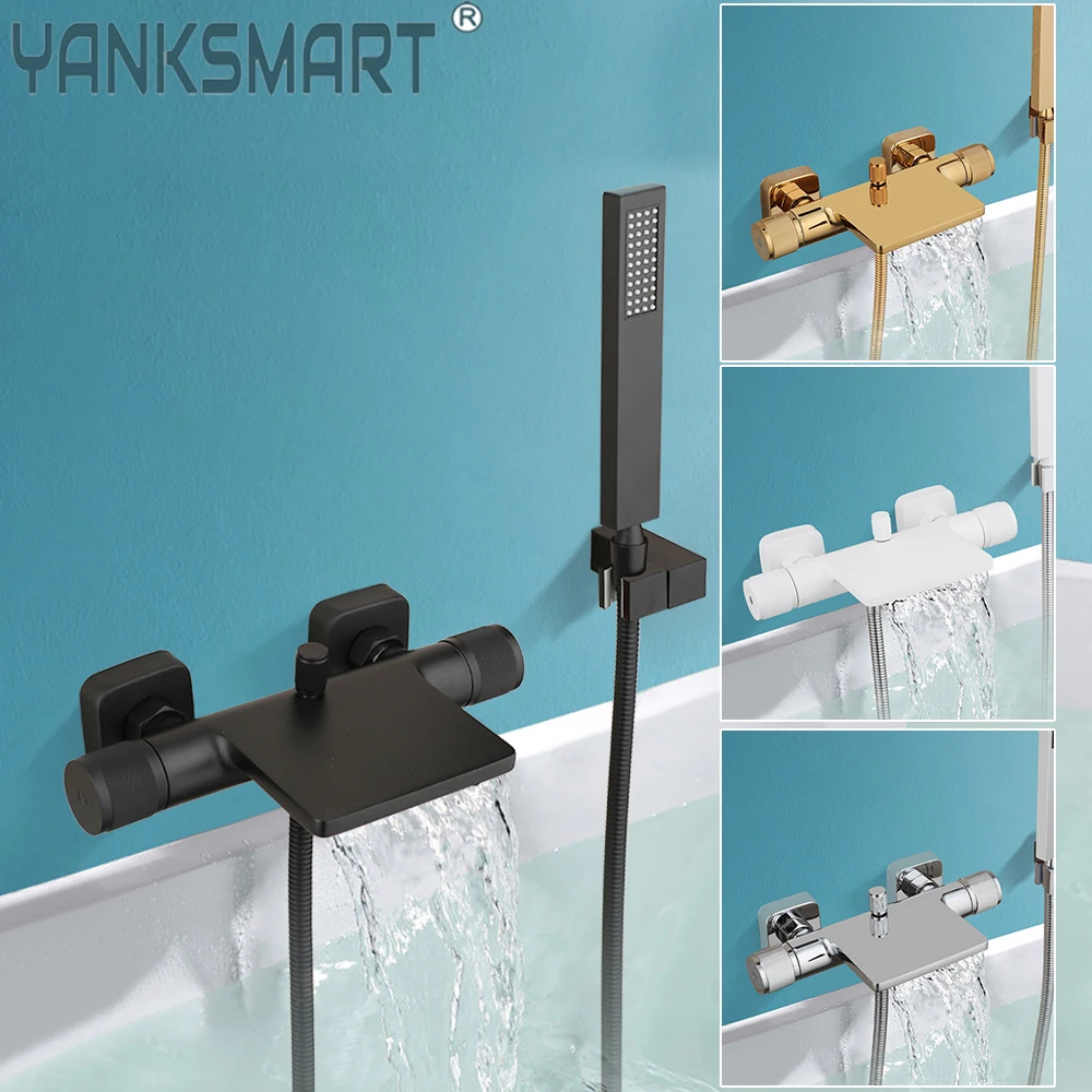 

YANKSMART Matte Black Bathroom Bathtub Shower Faucet Set Rainfall & Waterfall Spout Wall Mounted Mixer Water Tap Combo Kit