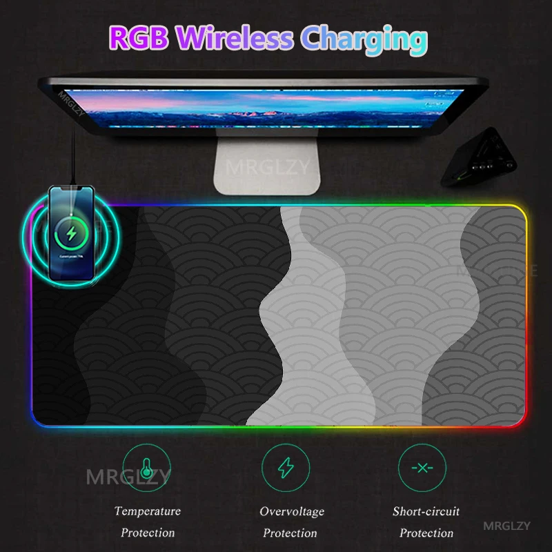 

Large Wireless Charging MousePad RGB LED Giant Waves Typec Gaming Accessories Mouse Pad XXL Charger Mat Desk Mats Carpets Rugs