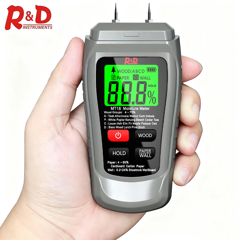 R&D MT18 Two-pin Wood Moisture Meter 0-99.9% Paper Humidity Tester Wall Hygrometer Timber Damp Detector Tree Density Tester