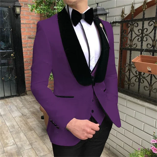 Men Suit 3 Pieces With Black Shawl Lapel Slim Business Casual For Wedding Groom Banquet Work Tuxedos Set Jacket Vest With Pants