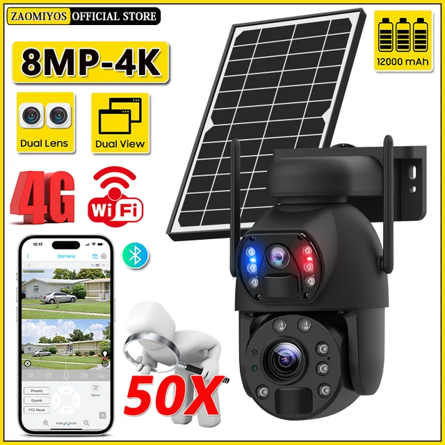 4K Dual Screen WiFi PTZ Security Protection Solar Camera 8MP 50X Optical Zoom Outdoor Surveillance Wireless 4G SIM CCTV IP Cam 1