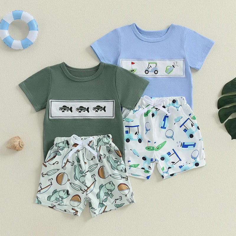 Fashion Children Kids Boys Summer Clothes Sets Baby Golf Embroidery Short Sleeve Round Neck T-Shirts with Shorts 2Pcs Sets