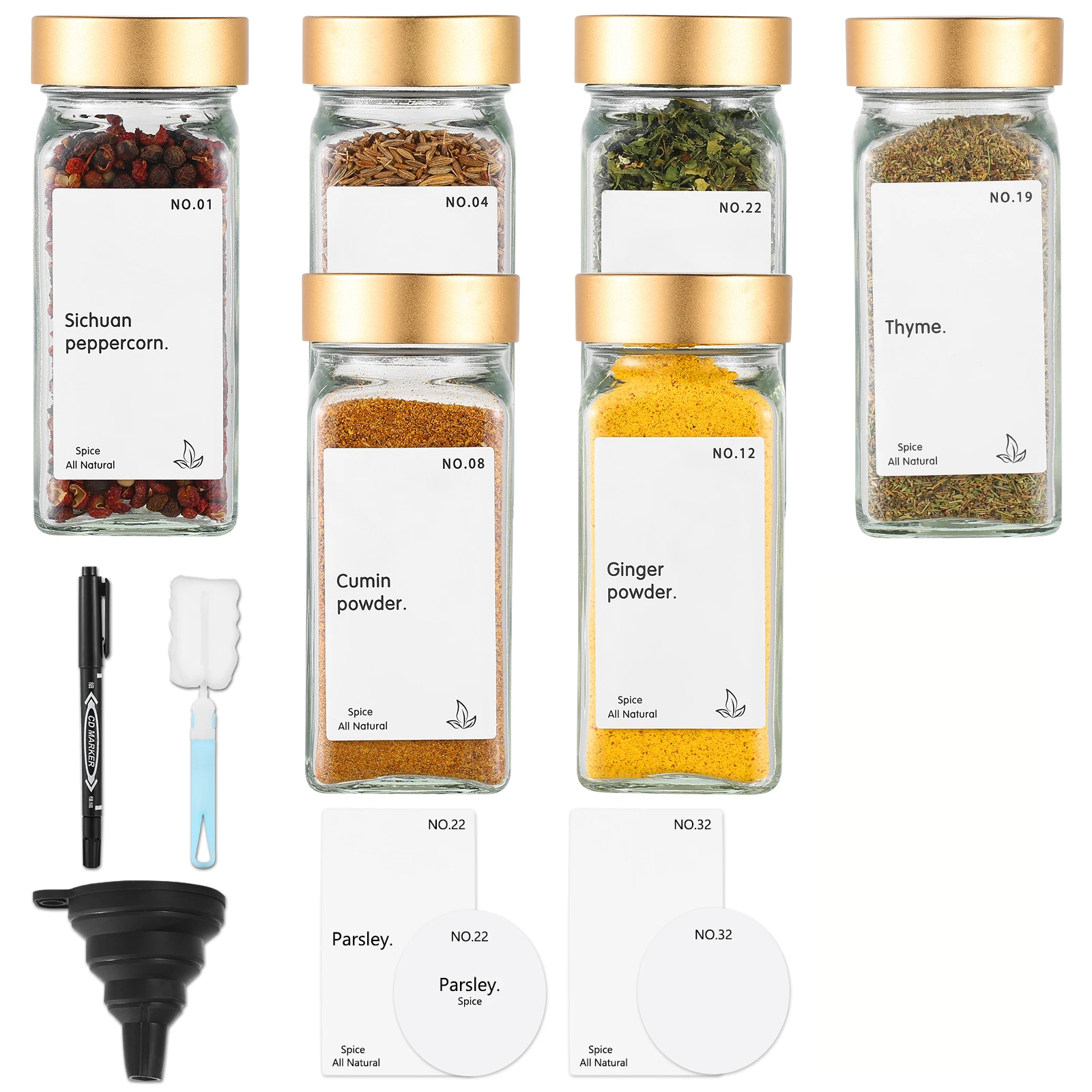 Spice Jar with Label Square Glass Jar with Lid Waterproof Label Sticker for Vanilla Spices and Seasonings Kitchen Storage and Organizing 6/12/24 Piece