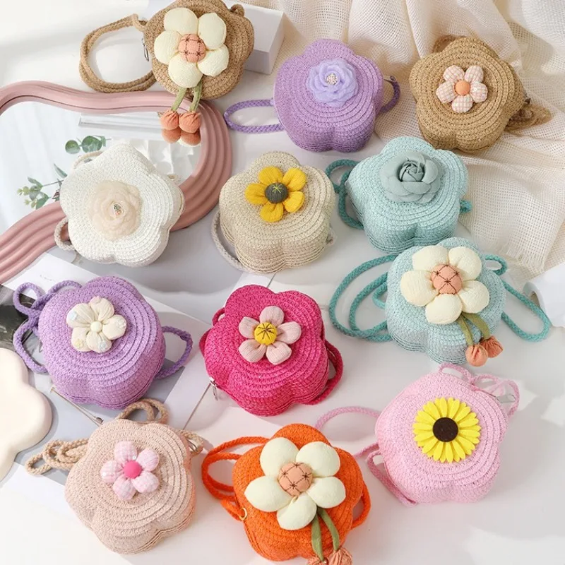 Sweet Straw Crossbody Bag Flower Woven Coin Purse Handbag Girls Kids Shoulder Messenger Bag Cute Princess Mini Handbag
