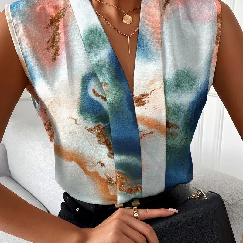 

Summer Casual Loose Print Sleeveless V-Neck Shirt 2023 Women Blusas De Mujer Elegantes Blouses Femme Camisa Top Lolita Teachwear