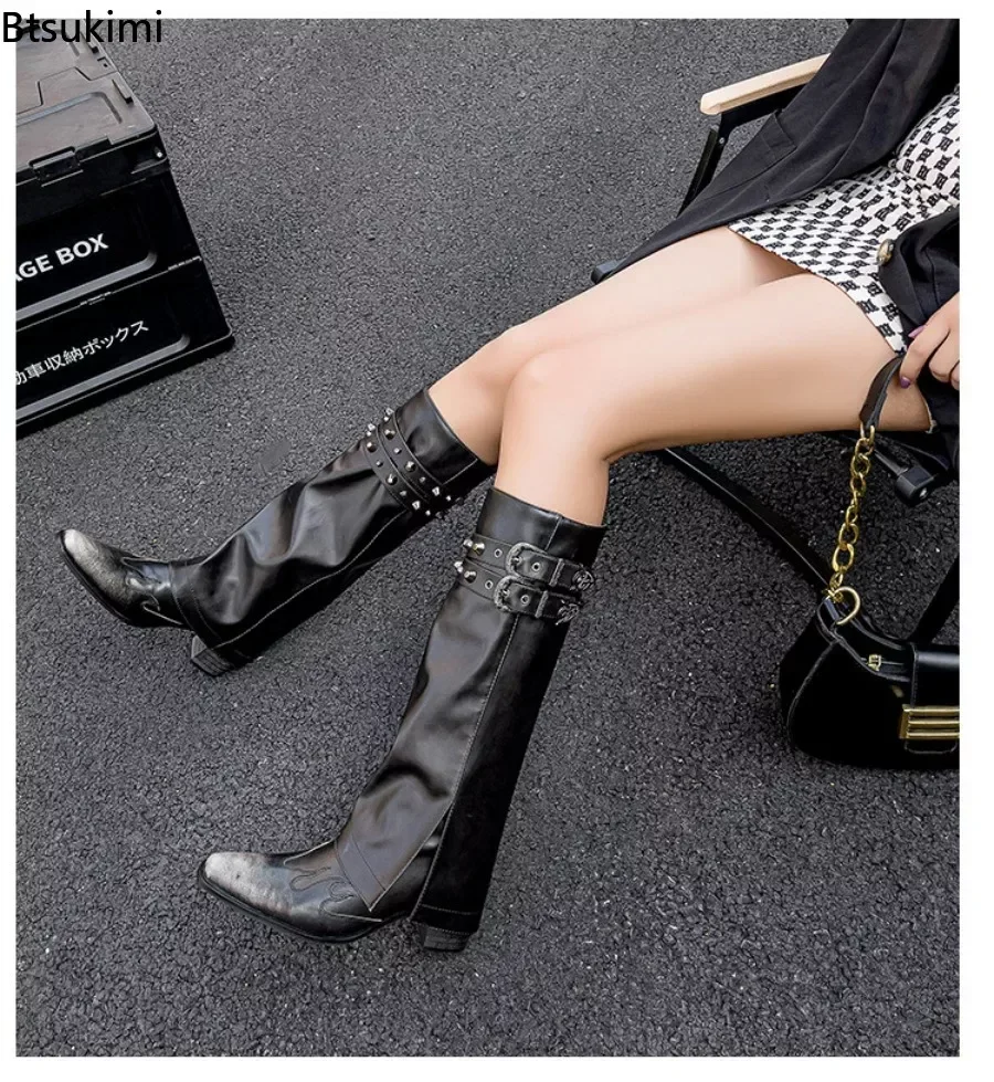 NewWomen's Western Straps Knee High Boots Pointed Toe Chunky High Heel Long Trouser Botas Mujer Gladiator Cowboy Boots for Women