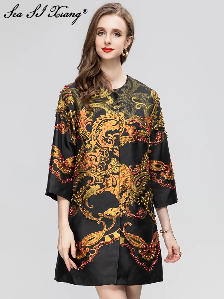 

Seasixiang Fashion Designer Early Autumn Jacquard Coat Women O-Neck 3/4 Sleeve Crystal Beading Covered Button Outwear