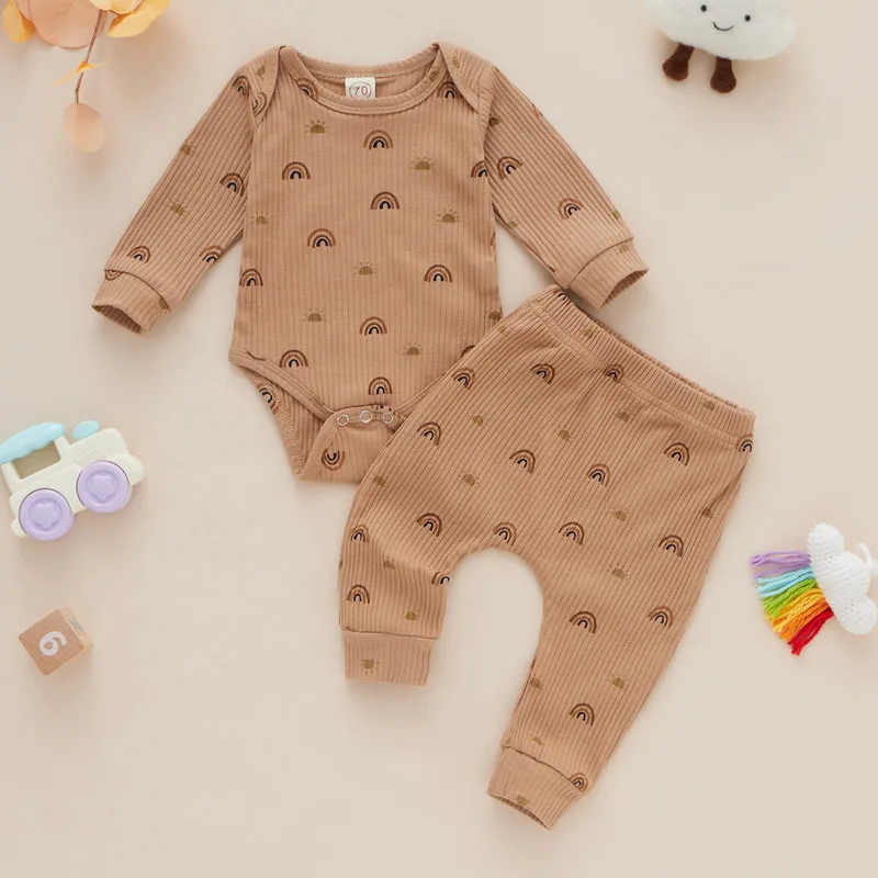 

Newborn Baby Girl Boy Pant Sets Autumn Clothes Ribbed Infant Rainbow Sun Long Sleeve Round Neck Bodysuit and Pant Baby Clothing