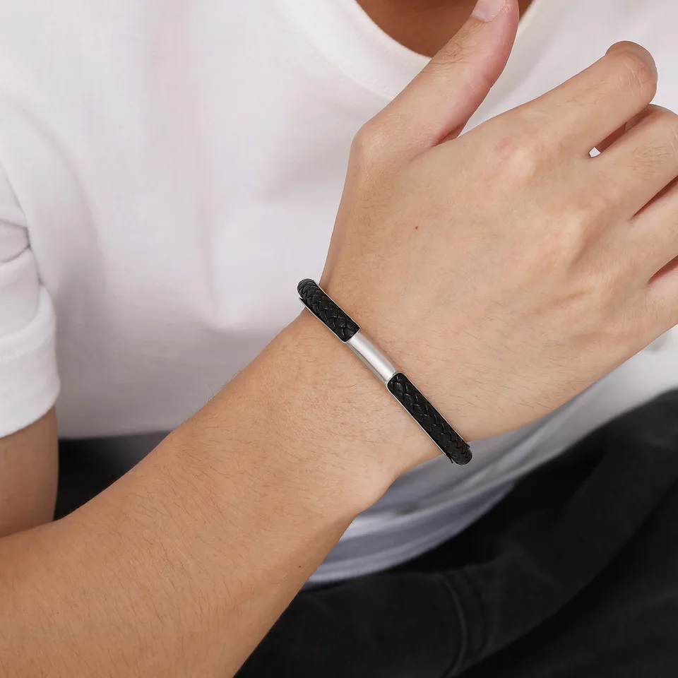 Personalizar Pulseras De Cuero Para Hombr Y Mujer Grabar Nombre Fecha ID Brazalete De Acero Inoxidable Regalo De Joyería - AliExprs