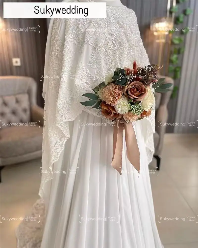 Fashion Muslim Hijab Wedding Dress with Lace Cape Long Sleeve Chiffon Appliques Arabic Dubai Bride Gown Vestidos Customized 5