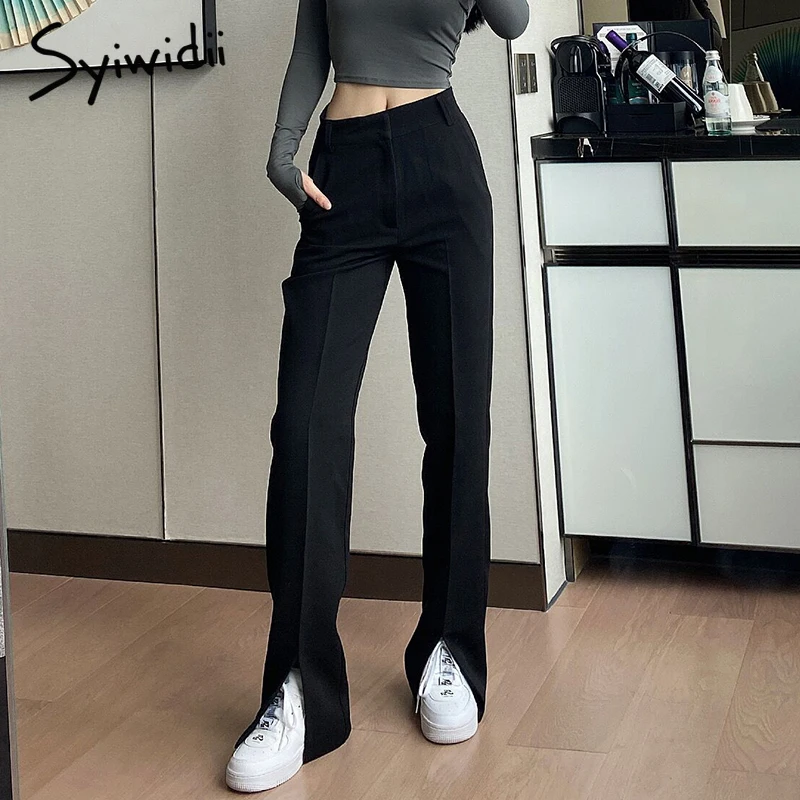 baggy jeans Yitimoky Slit Leg Black Flare Pants Women Office Lady Full Length Clothes Solid Straight Vintage Streetwear Work 2022 Spring New trousers for women Pants & Capris