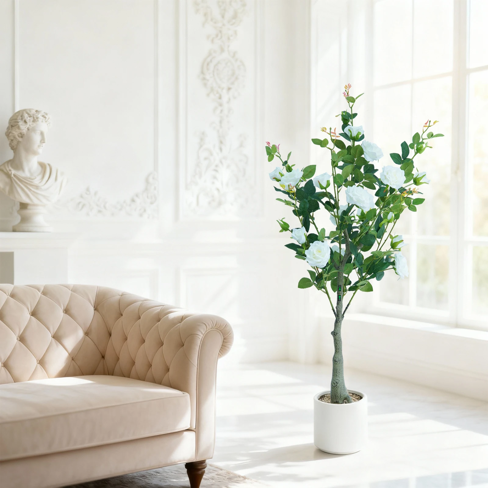 2 Stück 120 cm große künstliche Rosenbäume, Blumenbodenpflanzen mit realistischen Blüten, künstliche Rosensträuße im Topf für Zuhause, Eingangsbereich – Detail 4