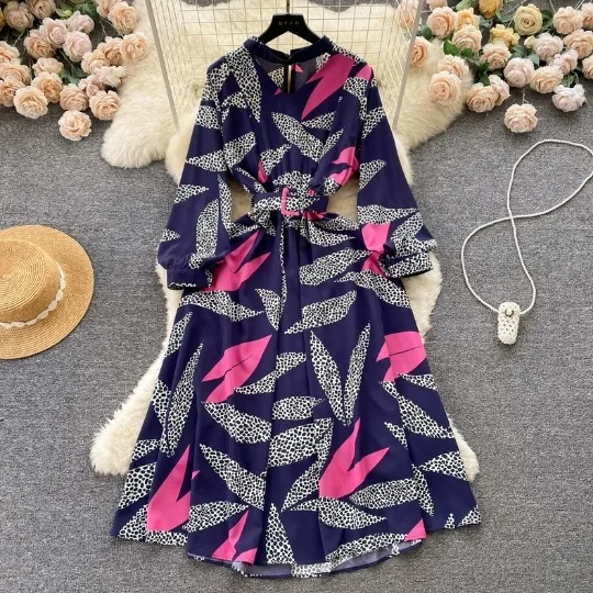 2024 Muslim Dubai Türkiye New Women's Dress Waist Design Printed Chiffon Skirt Drape Feeling Big Skirt Dress for Women