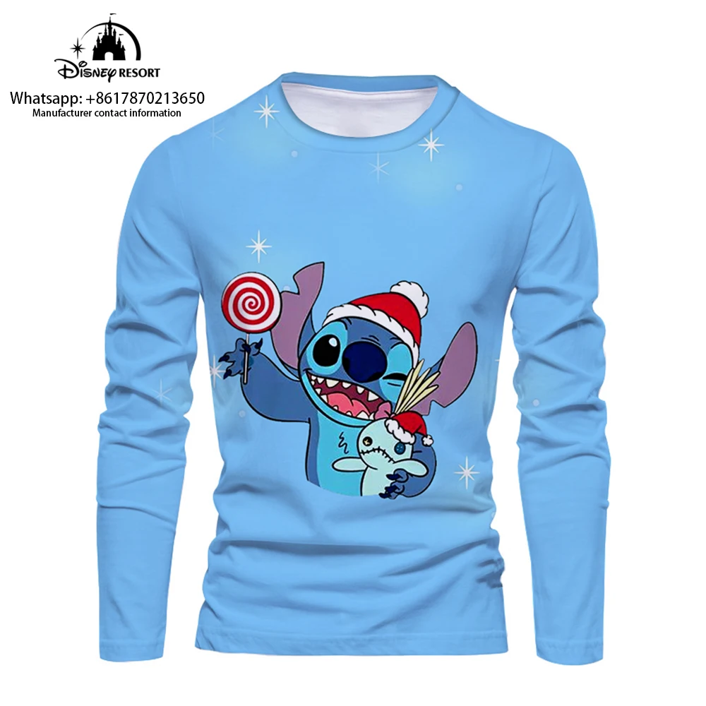 

2022 Christmas New Disney Brand Stitch Anime 3D Printing Fashion Casual Trend Men's Round Neck Long Sleeve T-Shirt Y2K
