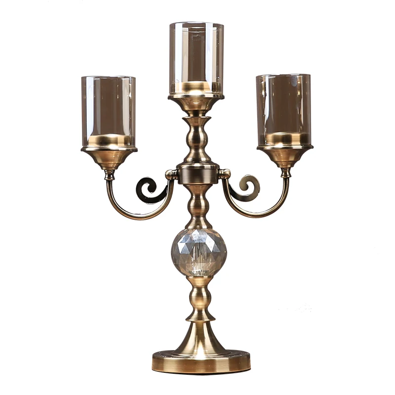 

Metal Glass Three-Head Candle Holder European Style Showroom Living Room Entrance Candlelight Dinner Decoration