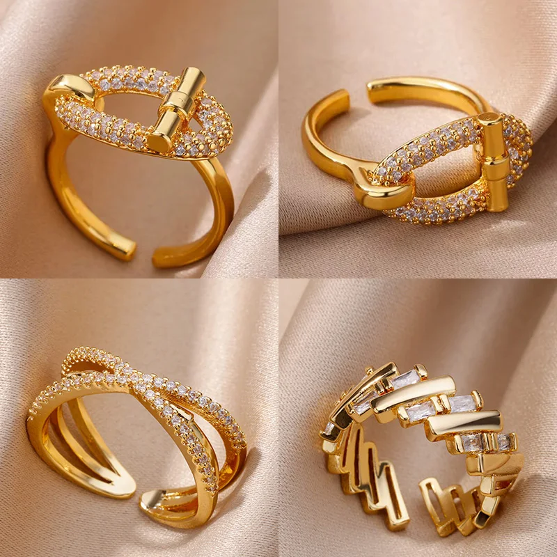 Stainless Steel Oval Hollow Zircon Open Rings For Women