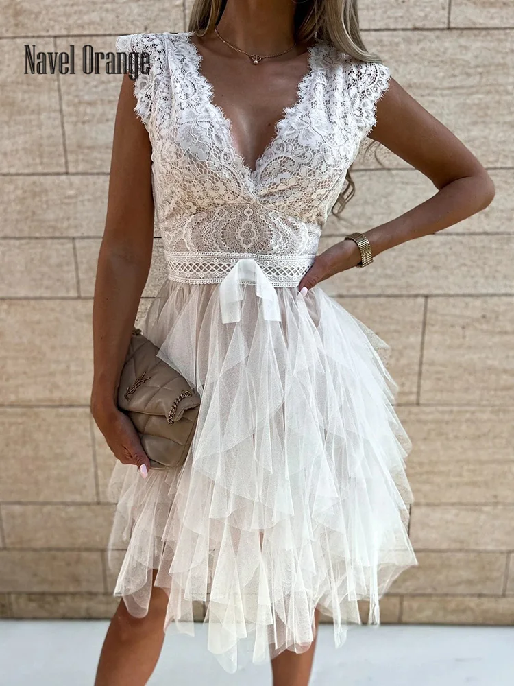 

2023 Pleated Women Summer Deep V-Neck Sweet Sleeveless Solid Ladies Party Dress Lace Sexy Holiday Streetwear Dropshipping