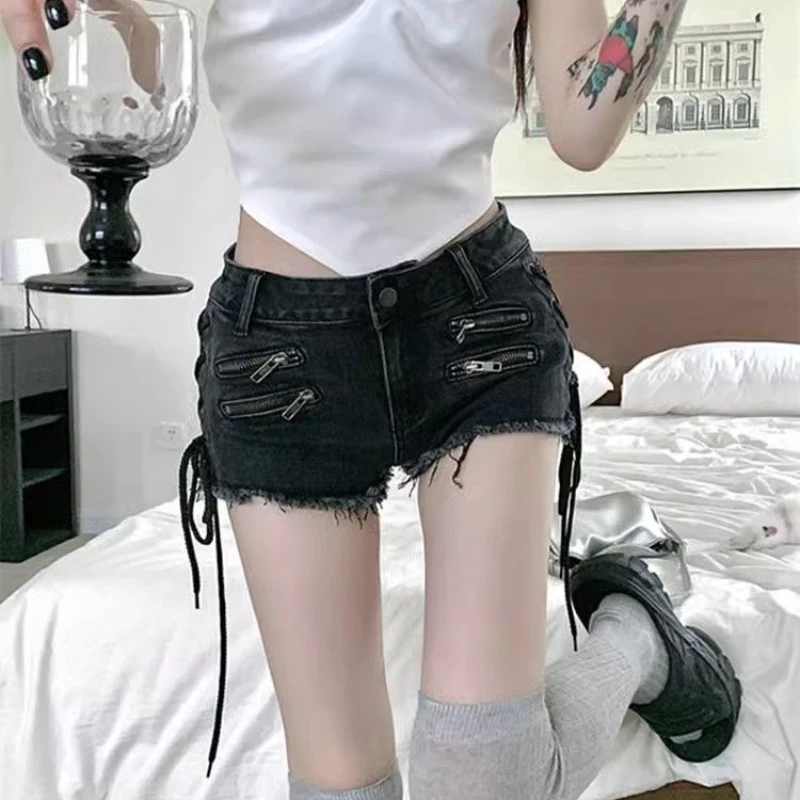 Mini Jeans Women's Zipper Strap Design Tight Fitting Shorts American Street Young Girl Low Rise Ruffled Hot Pants Summer Female